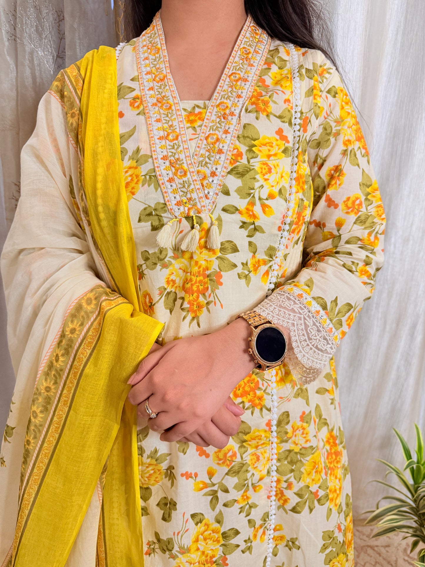 Sunshine Bloom Cotton Suit with Delicate Lace Detailing