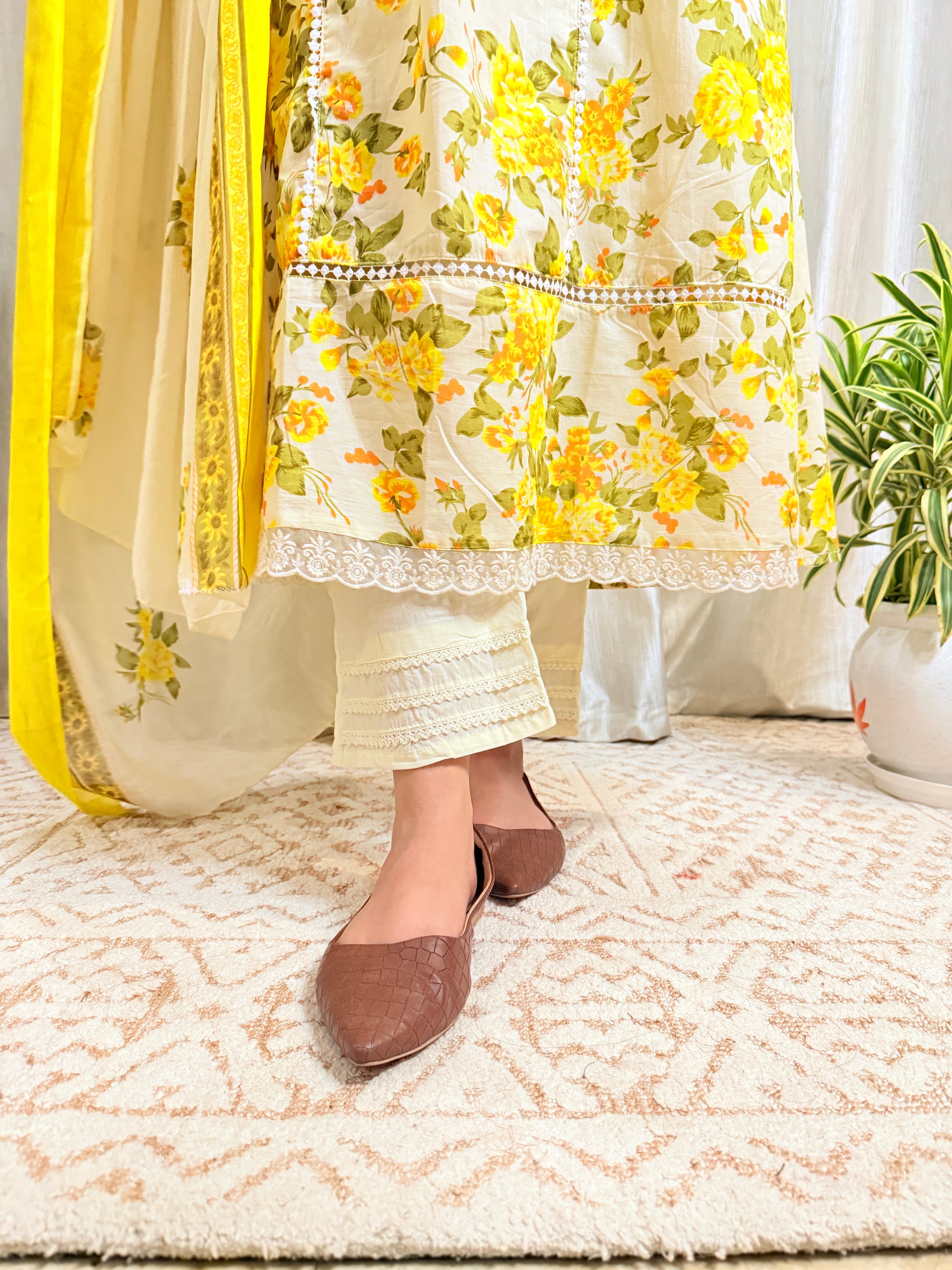 Sunshine Bloom Cotton Suit with Delicate Lace Detailing