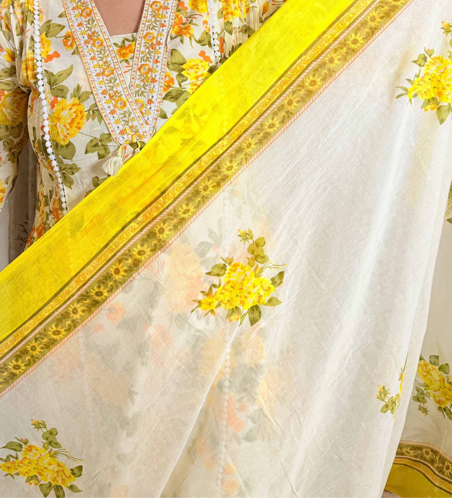 Sunshine Bloom Cotton Suit with Delicate Lace Detailing