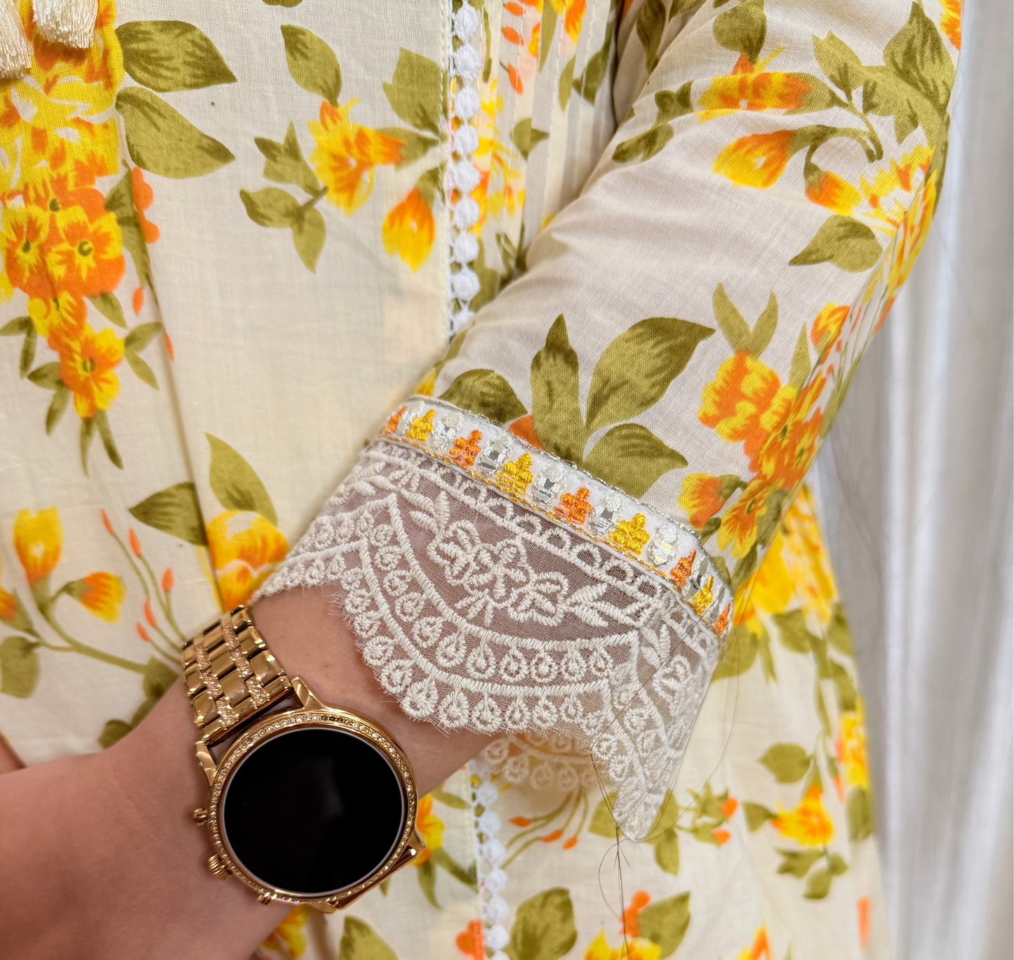 Sunshine Bloom Cotton Suit with Delicate Lace Detailing