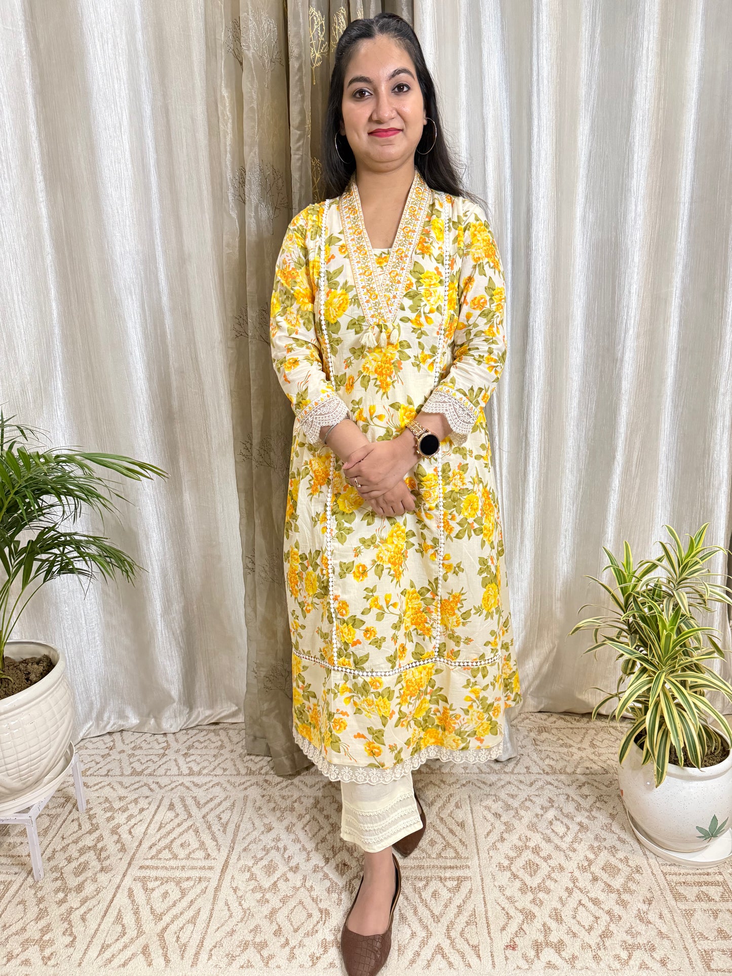 Sunshine Bloom Cotton Suit with Delicate Lace Detailing