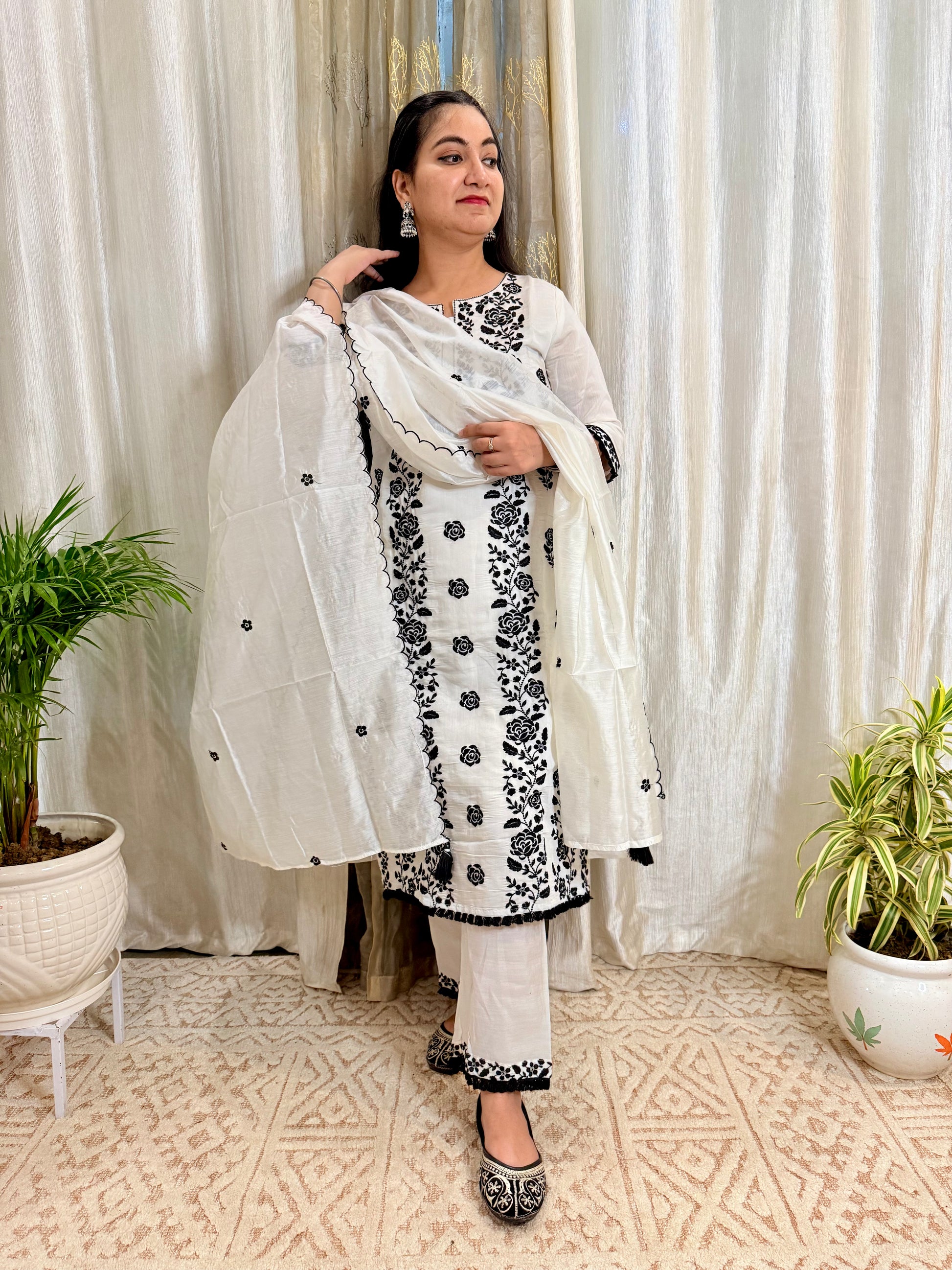 White Black Embroidered Straight Suit – White Mul Cotton with Black Floral Work