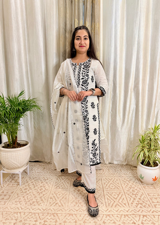 White Black Embroidered Straight Suit – White Mul Cotton with Black Floral Work