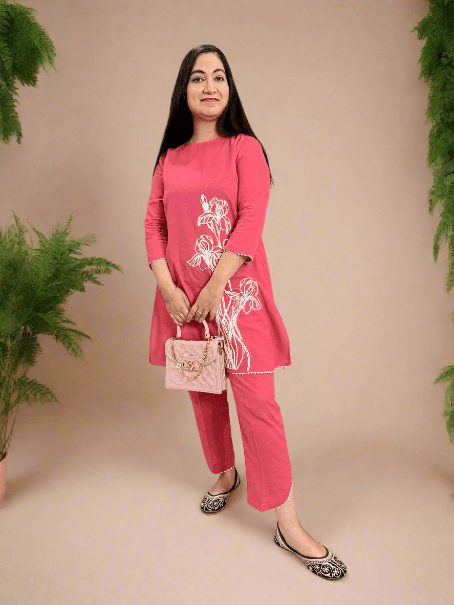 Rose Pink Cotton Coord Set with Fine Embroidery – Elegant Everyday Wear