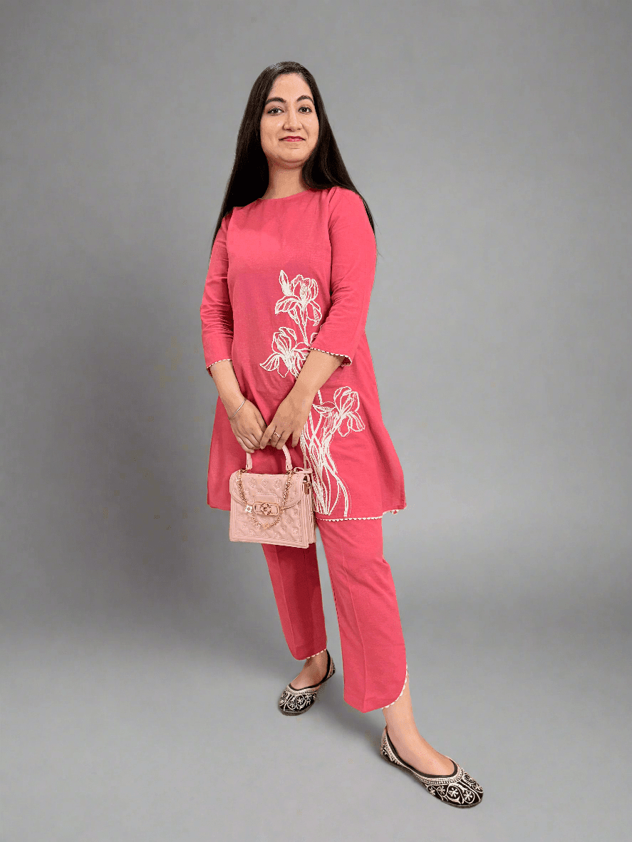 Rose Pink Cotton Coord Set with Fine Embroidery – Elegant Everyday Wear